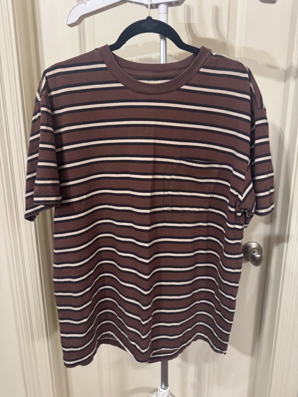 GAP Striped Brown Crewneck Pocket Tee with Cream & Black Accents
